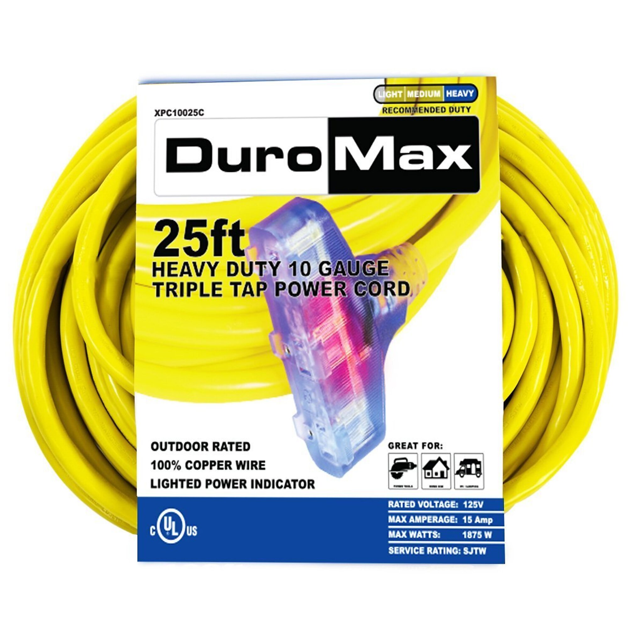 DuroMax, 25ft. 10 Gauge Triple Tap Extension Cord, Amps 15 Cord Length 25 ft, Max. Volts 120 Model# XPC10025C